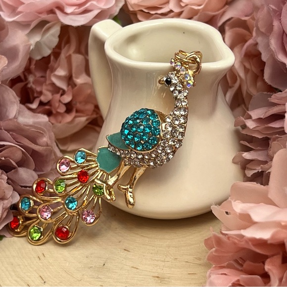 Beautiful Blue and Colorful Crystal Peacock Keychain Charm - Picture 4 of 16